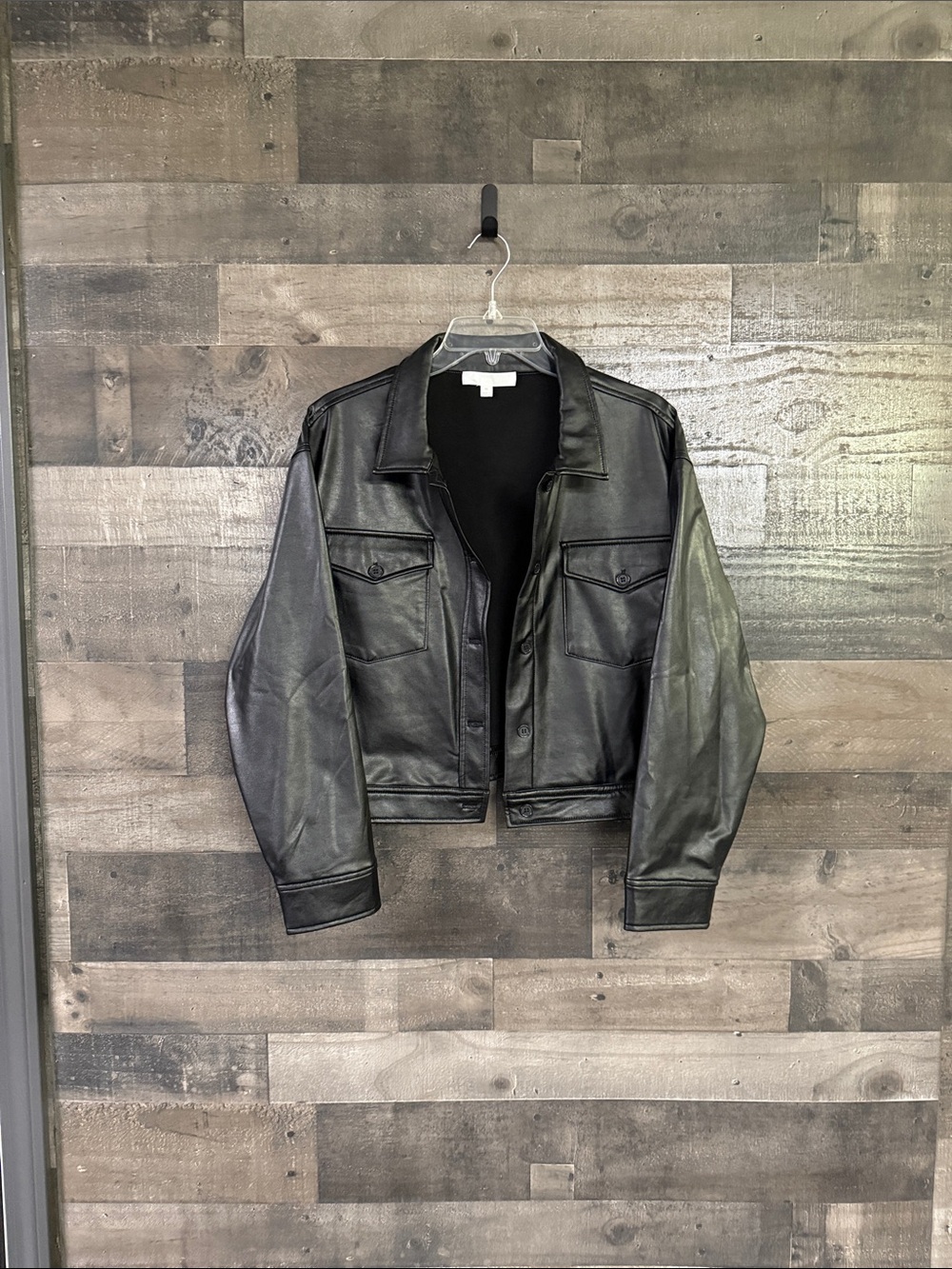 Black Leather Button-Front Jacket